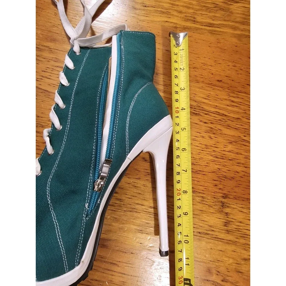 Canvas Sneaker Boot Heels Platform Stiletto Green White Lace Up Zip Women 38 7.5